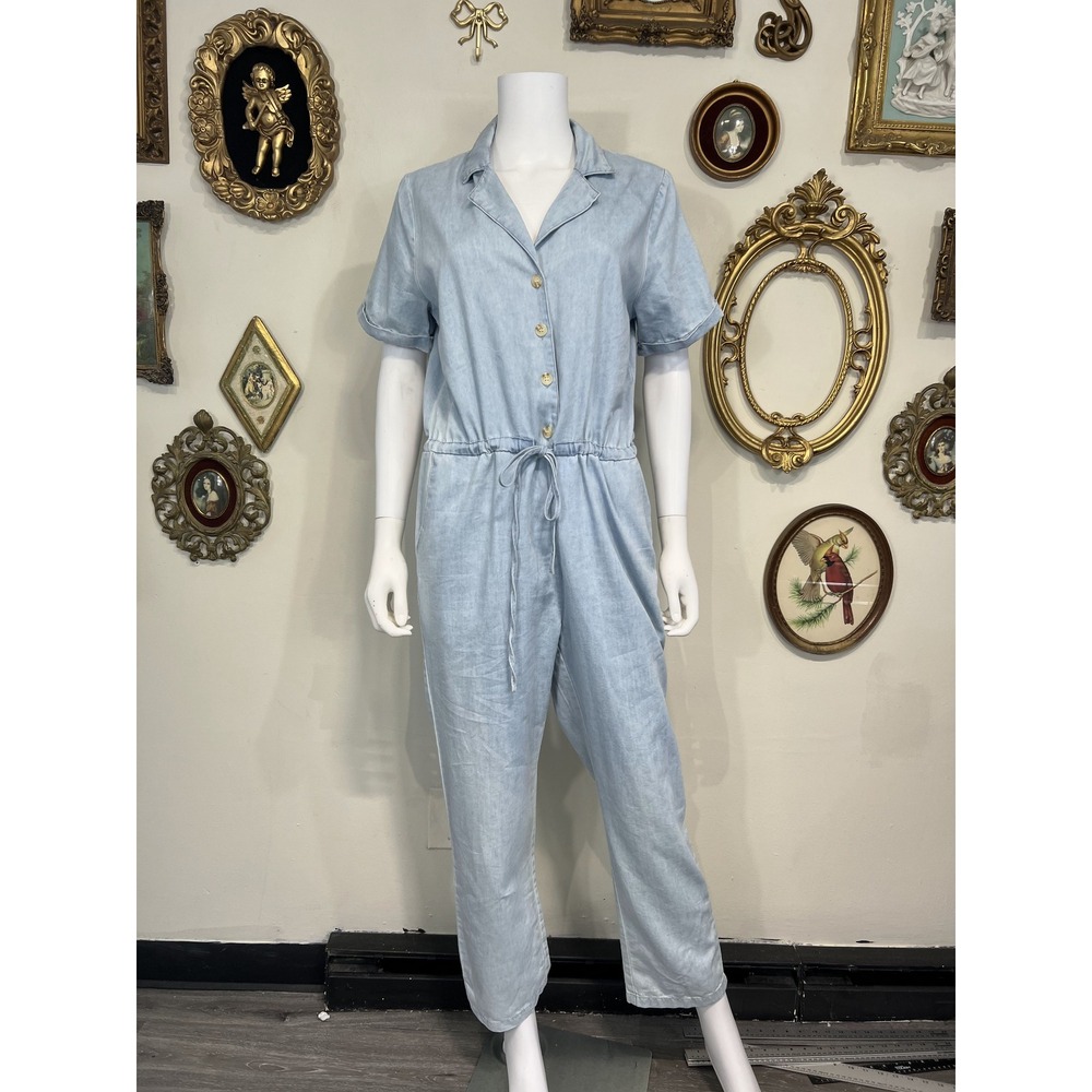Garance Paris Womens Light Blue Cotton Utility Jumpsuit Short Sleeve Size S NWT